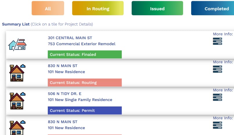 Screenshot of permitting platform showing an example of a permit in it's many stages